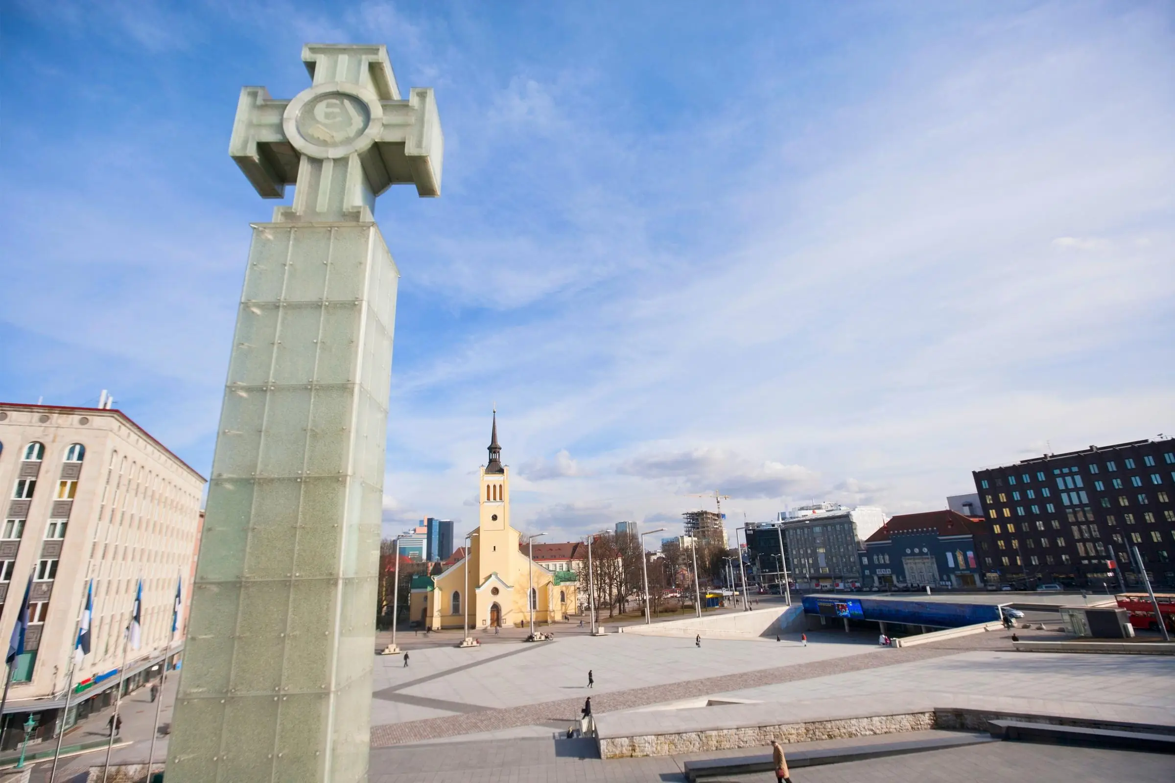 Freedom Square Tallinn Wide view of Freedom Square in Tallinn featuring the Victory Column and St. John's Church
