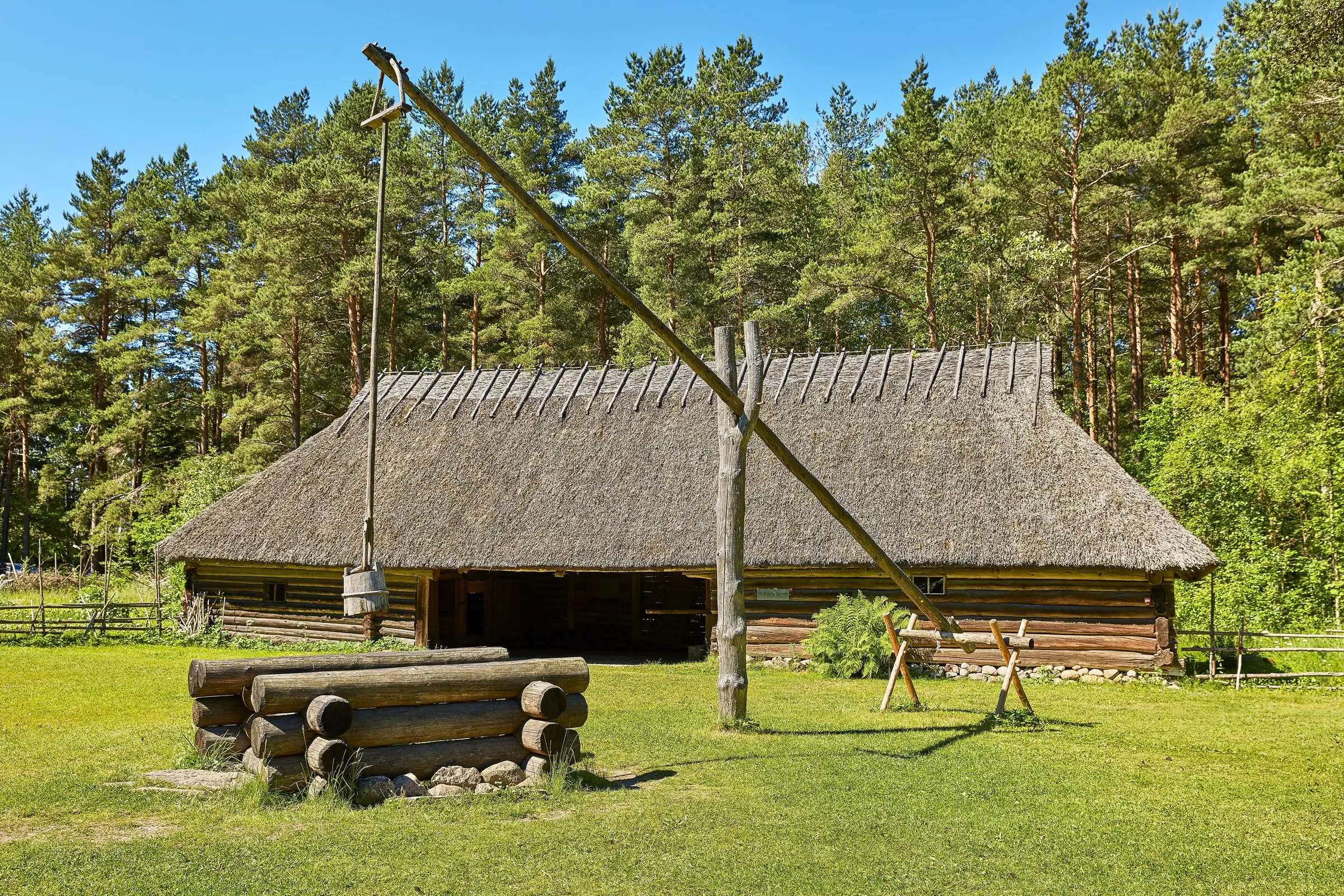 Traditional thatched-roof wooden farmhouses at the Estonian Open Air Museum
