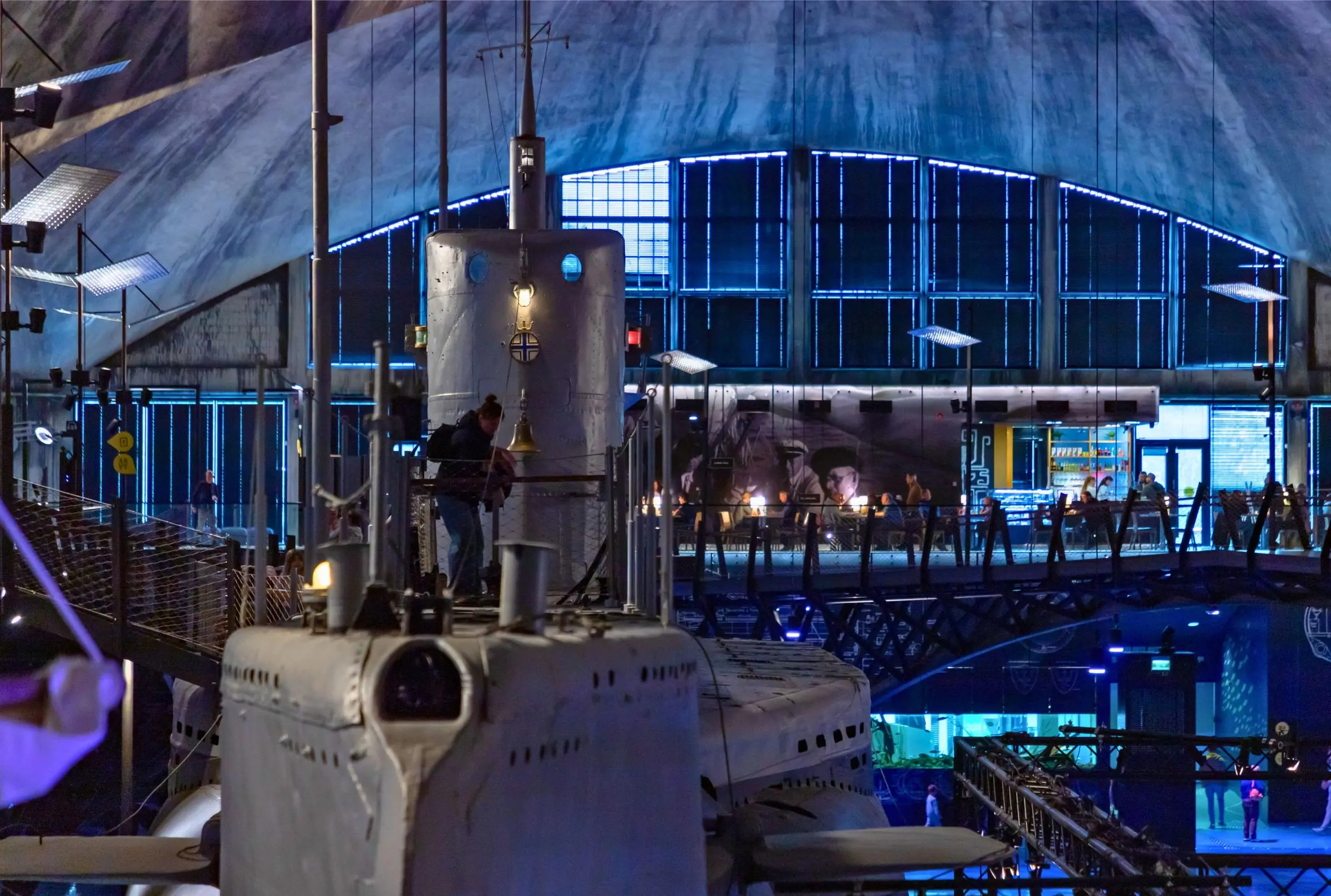 Interior view of the Seaplane Harbour hangar featuring the Lembit submarine