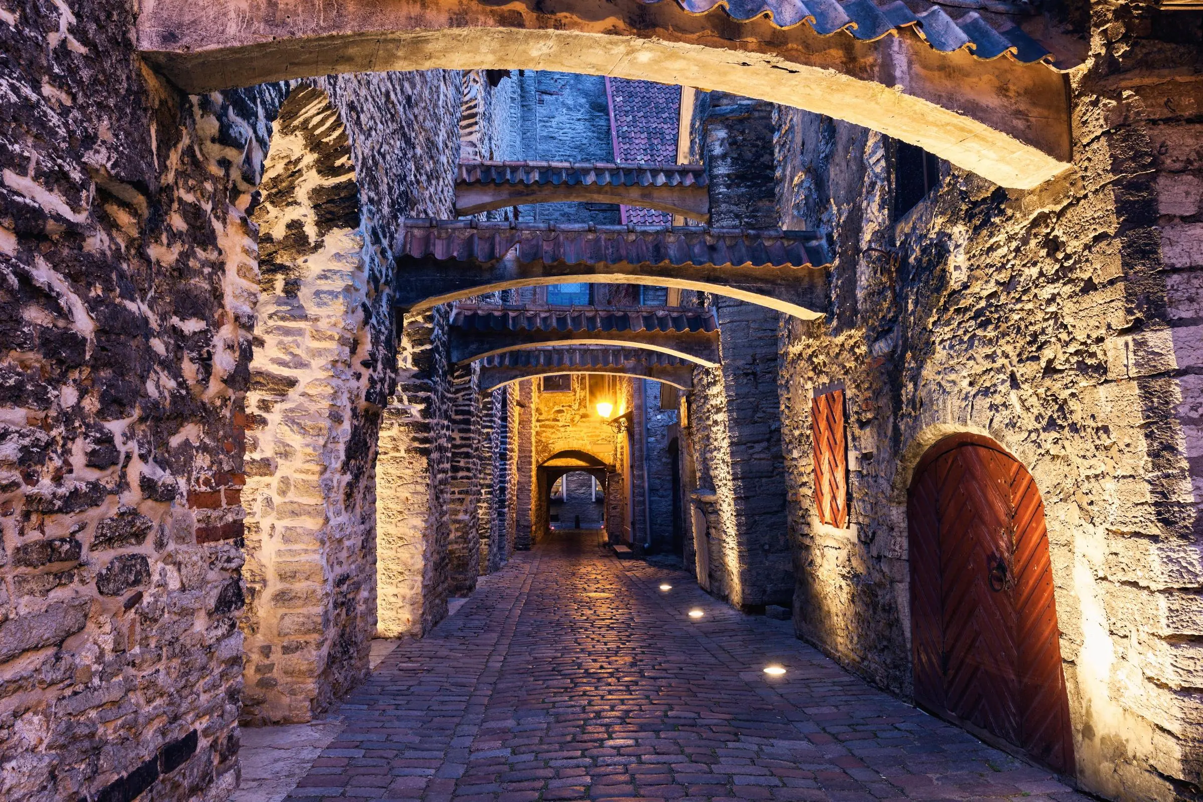 Looking down St. Catherine's Passage towards the stone arches