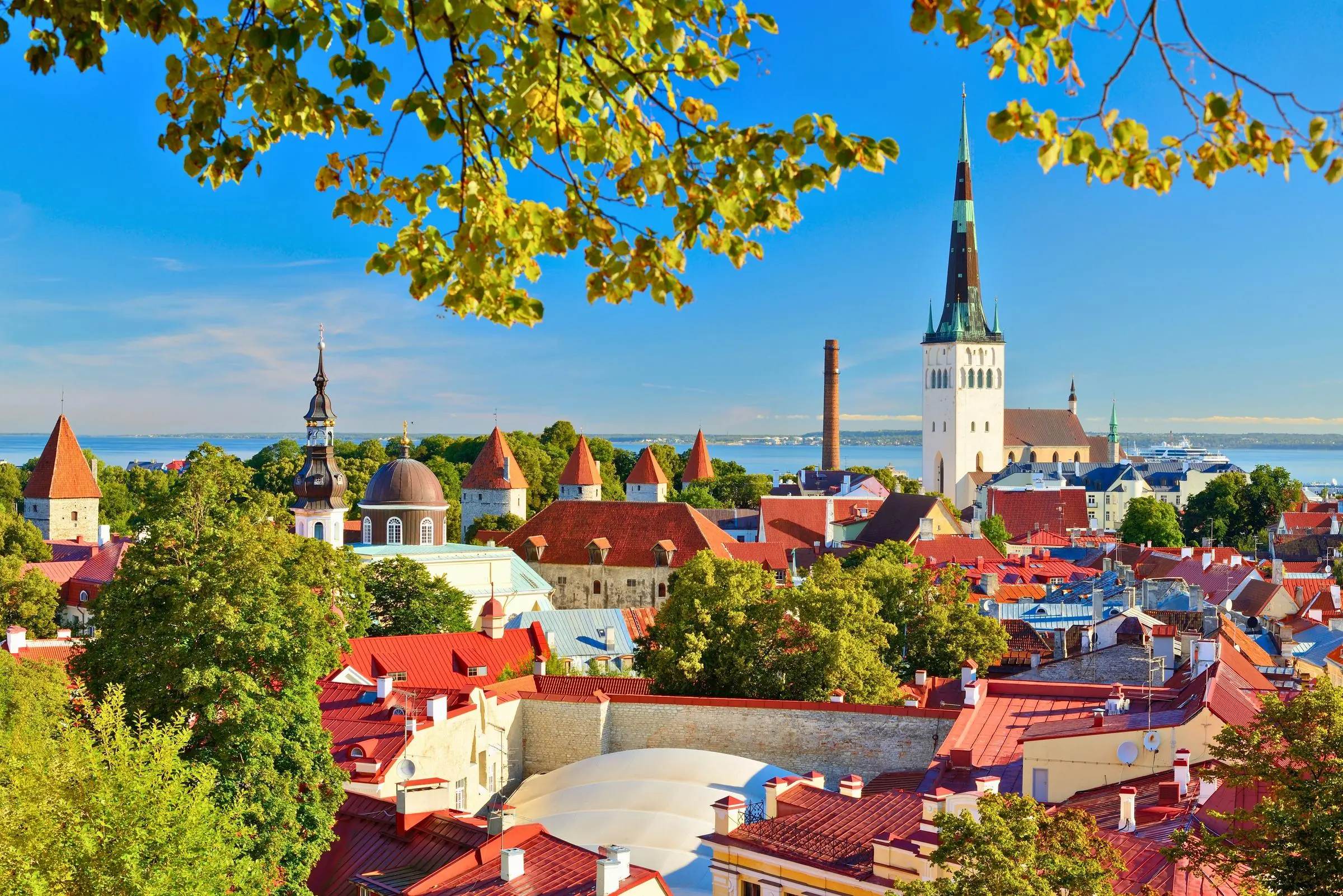 View over the red rooftops of Tallinn Old Town towards the Baltic Sea