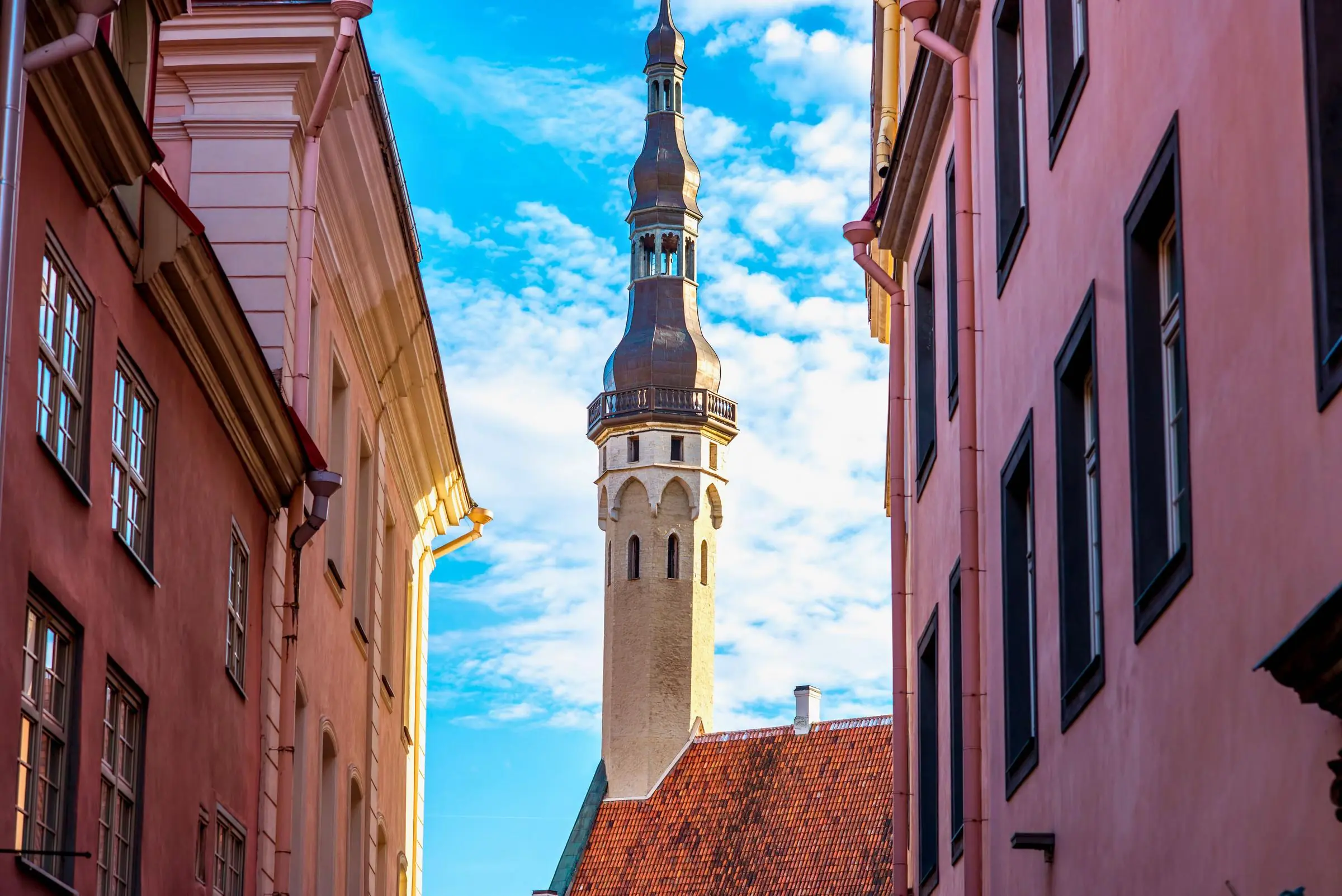 Tallinn Town Hall Tower The Gothic spire of the Tallinn Town Hall Tower rising above the red roofs of the Old Town